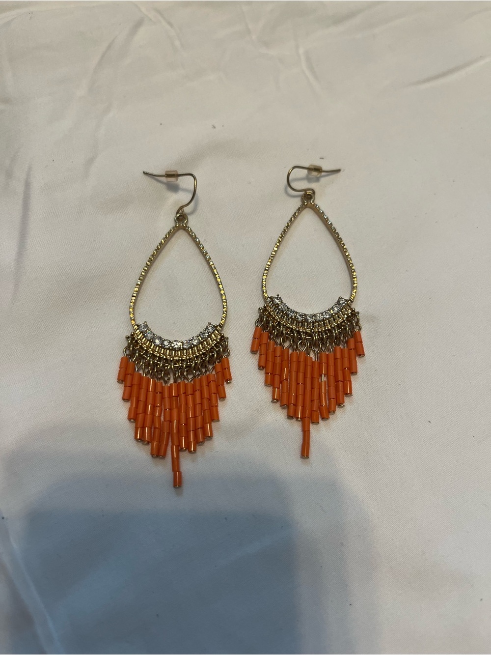 Gold Teardrop Fringe Earrings with Orange Beads